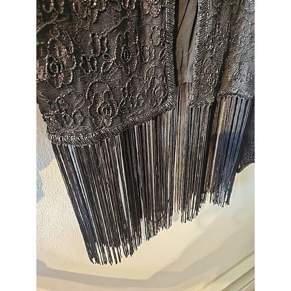 Vintage Niteline by Della Roufogali Rayon Jacket Black Beading Sequins Fringe M - Picture 5 of 7